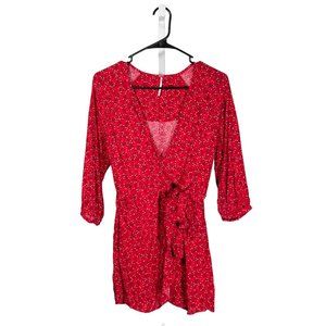 Free People Women's Blouse Red Floral V-Neck Side Tie Wrap Boho Beach Top XS